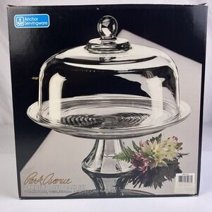 Anchor Hocking Park Avenue 2 Pc Footed Glass Cake Stand w Dome